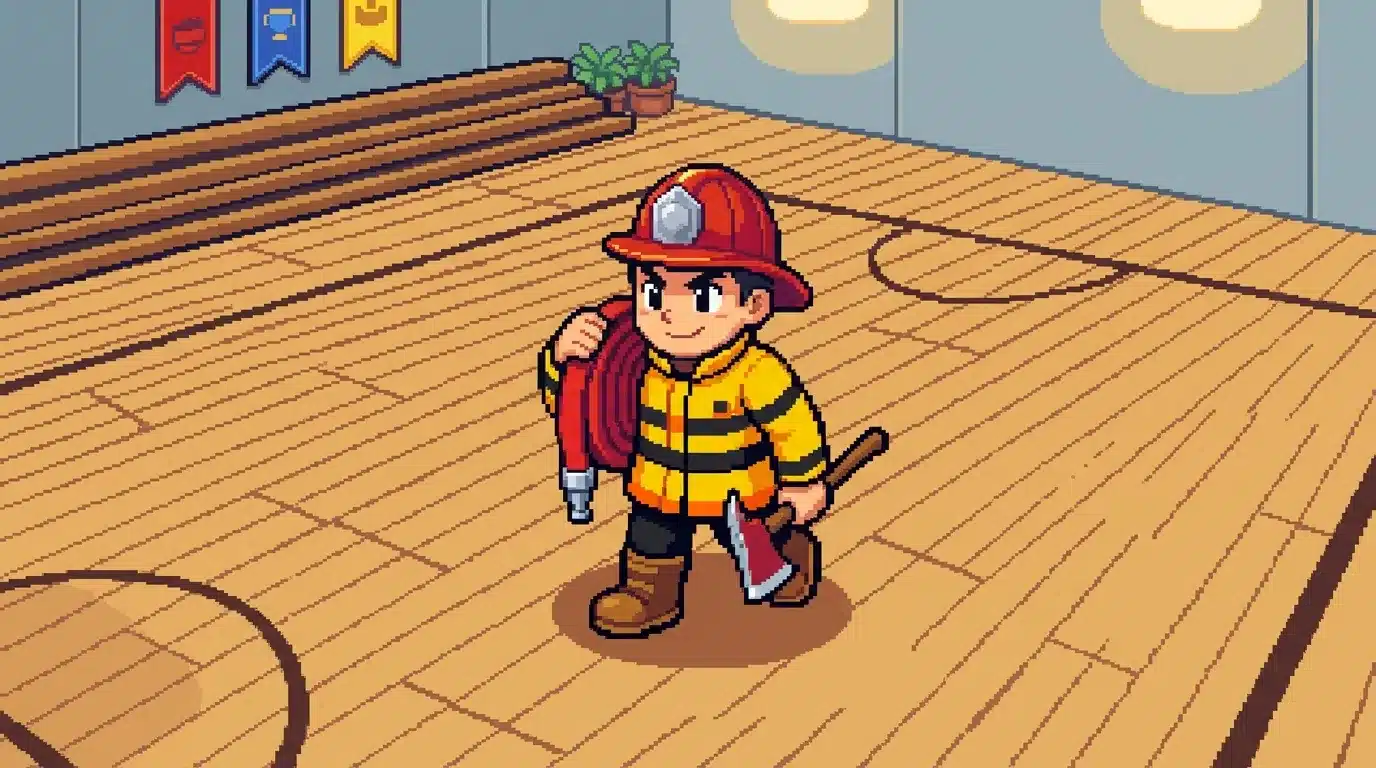 Pompier en uniforme jaune tenant une hose rouge