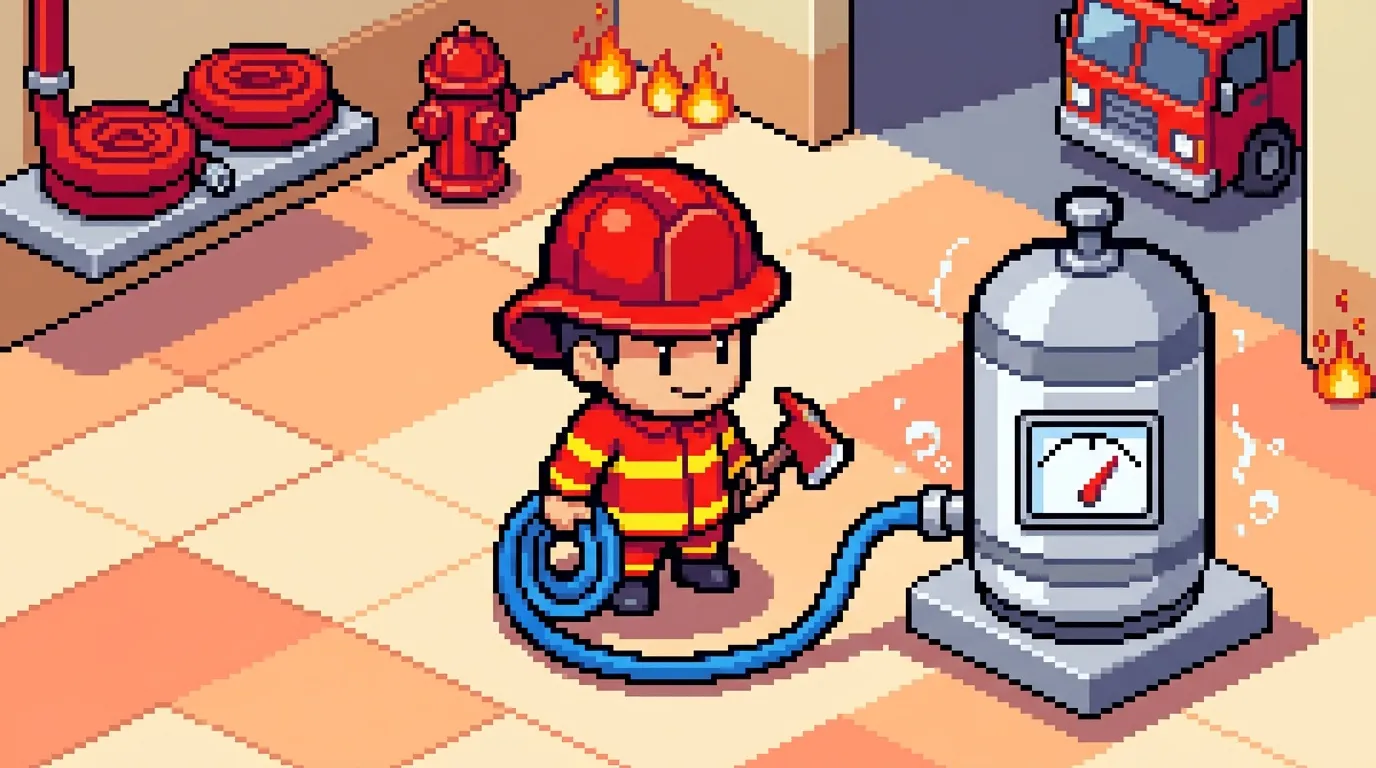 Pixel art pompier tenant tuyau avec équipements pompiers