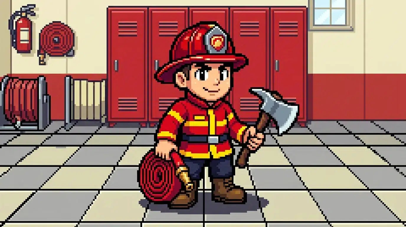 Pixel art pompier avec hache dans caserne rouge