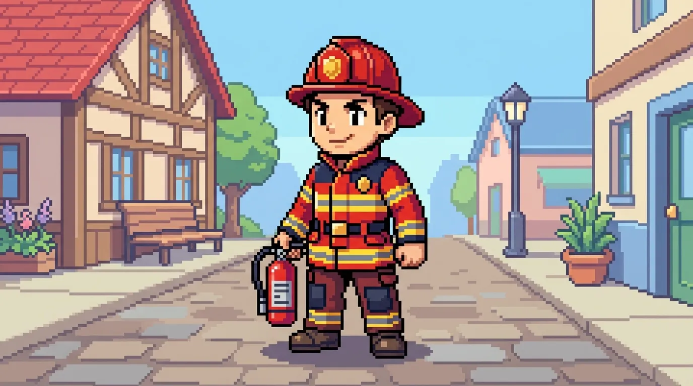 Pompier en uniforme rouge tenant un extincteur dans une rue