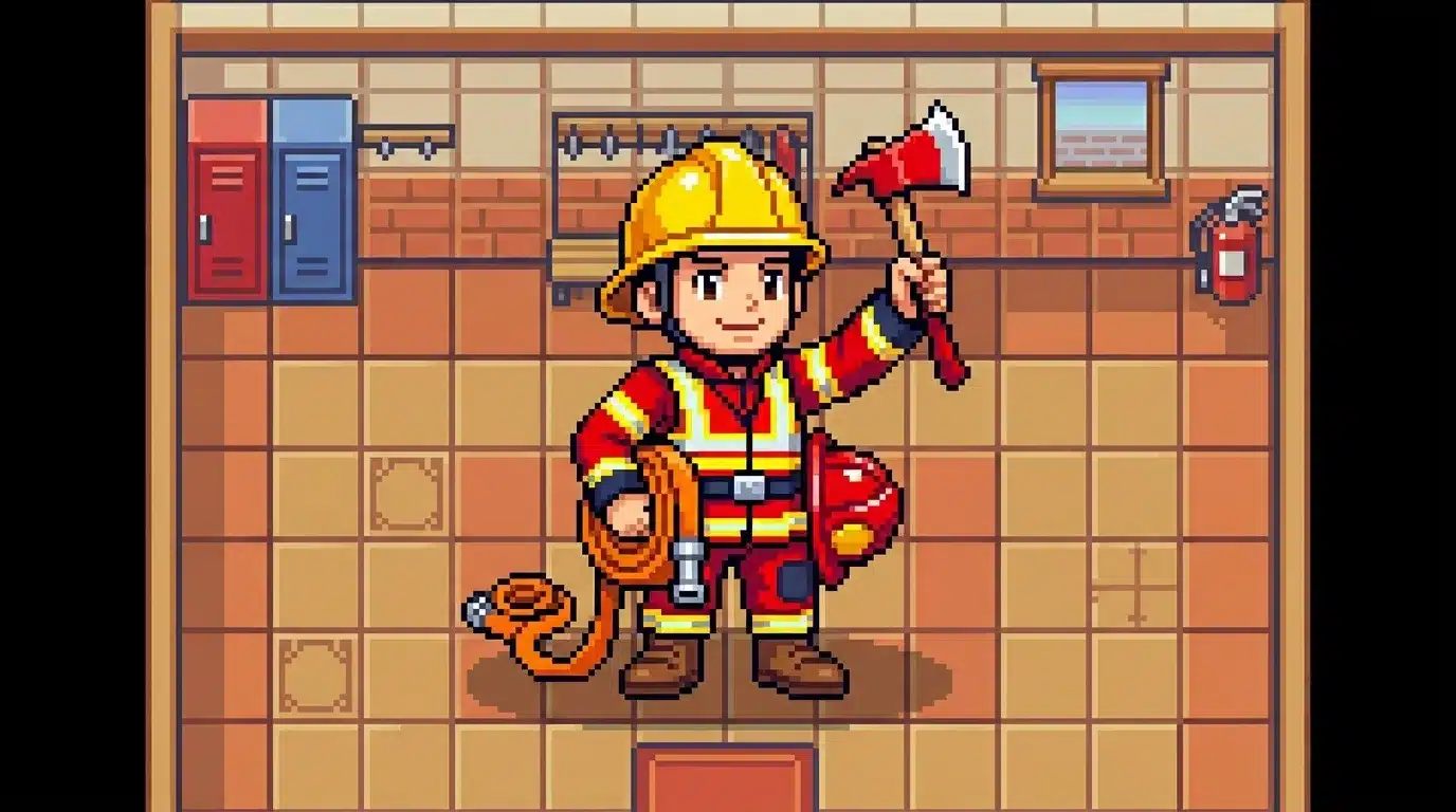Illustration pixel art d'un pompier équipé dans une caserne