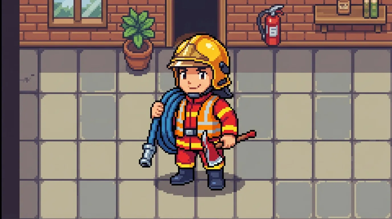 Pixel art de pompier équipé dans un couloir moderne
