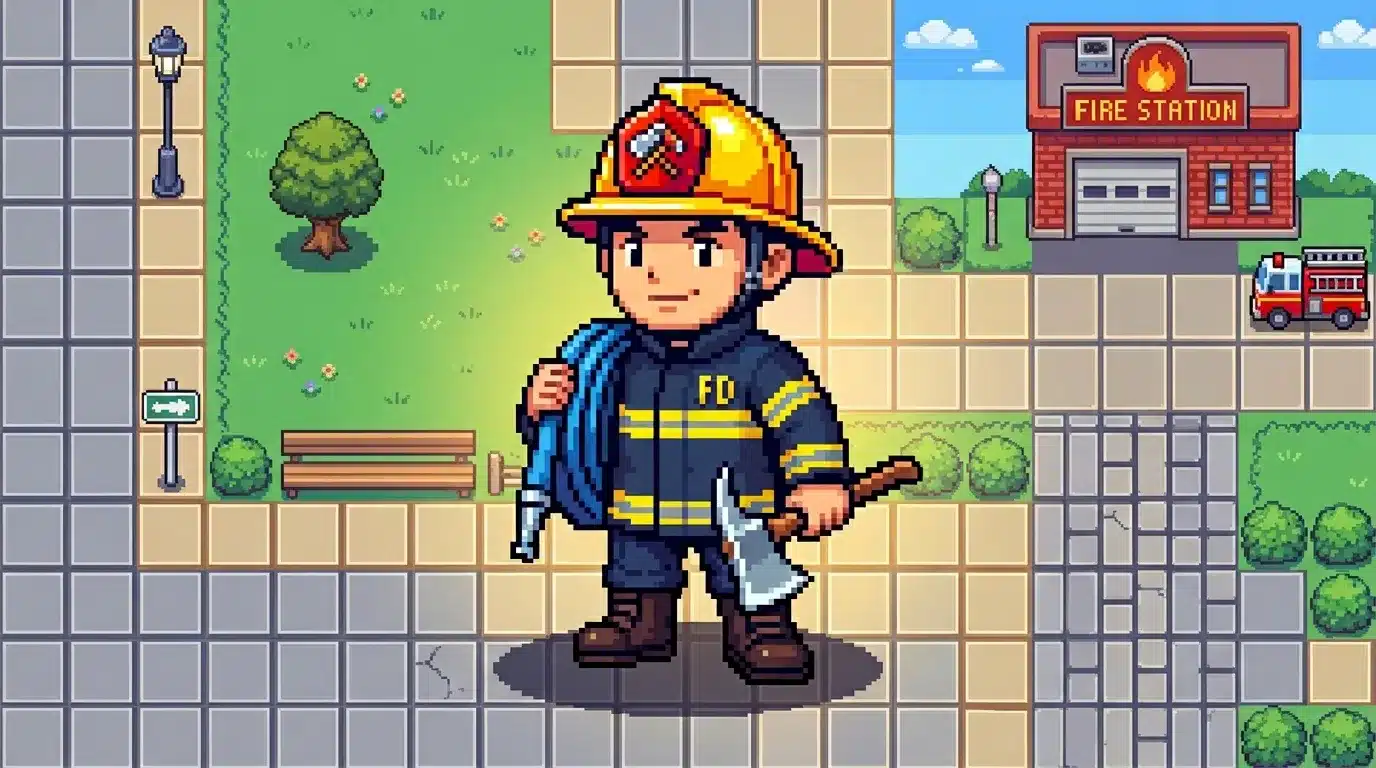 Pompier avec hache devant caserne de pompiers pixel art